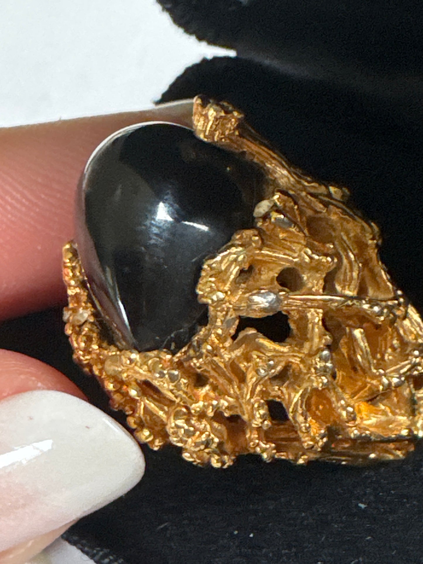 1960s signed PAULINE RADER brutalist style cocktail, ring with black century, stone and small rhinestones