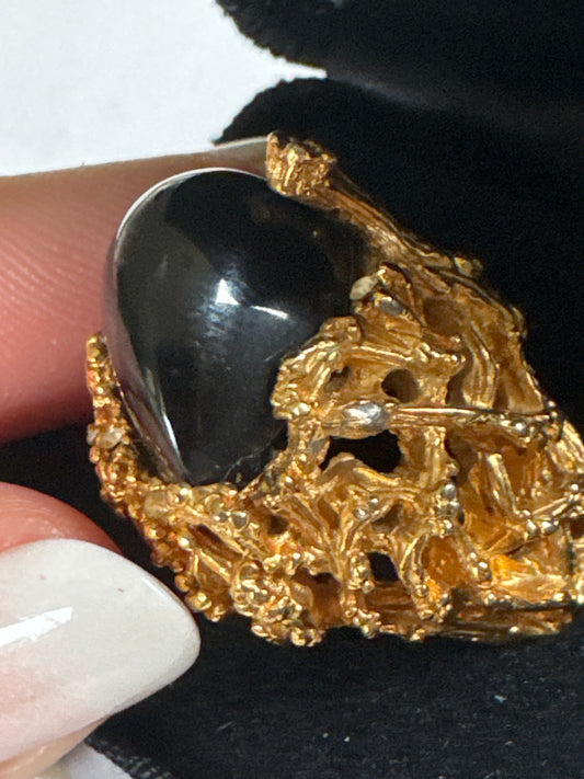 1960s signed PAULINE RADER brutalist style cocktail, ring with black century, stone and small rhinestones