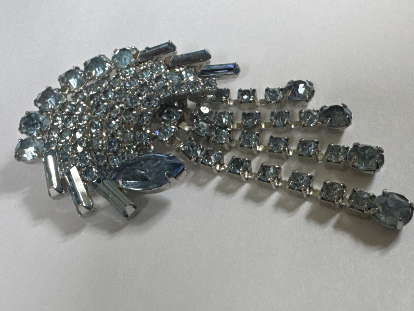 1940s vintage blue rhinestone waterfall fringe, baguette spray brooch
