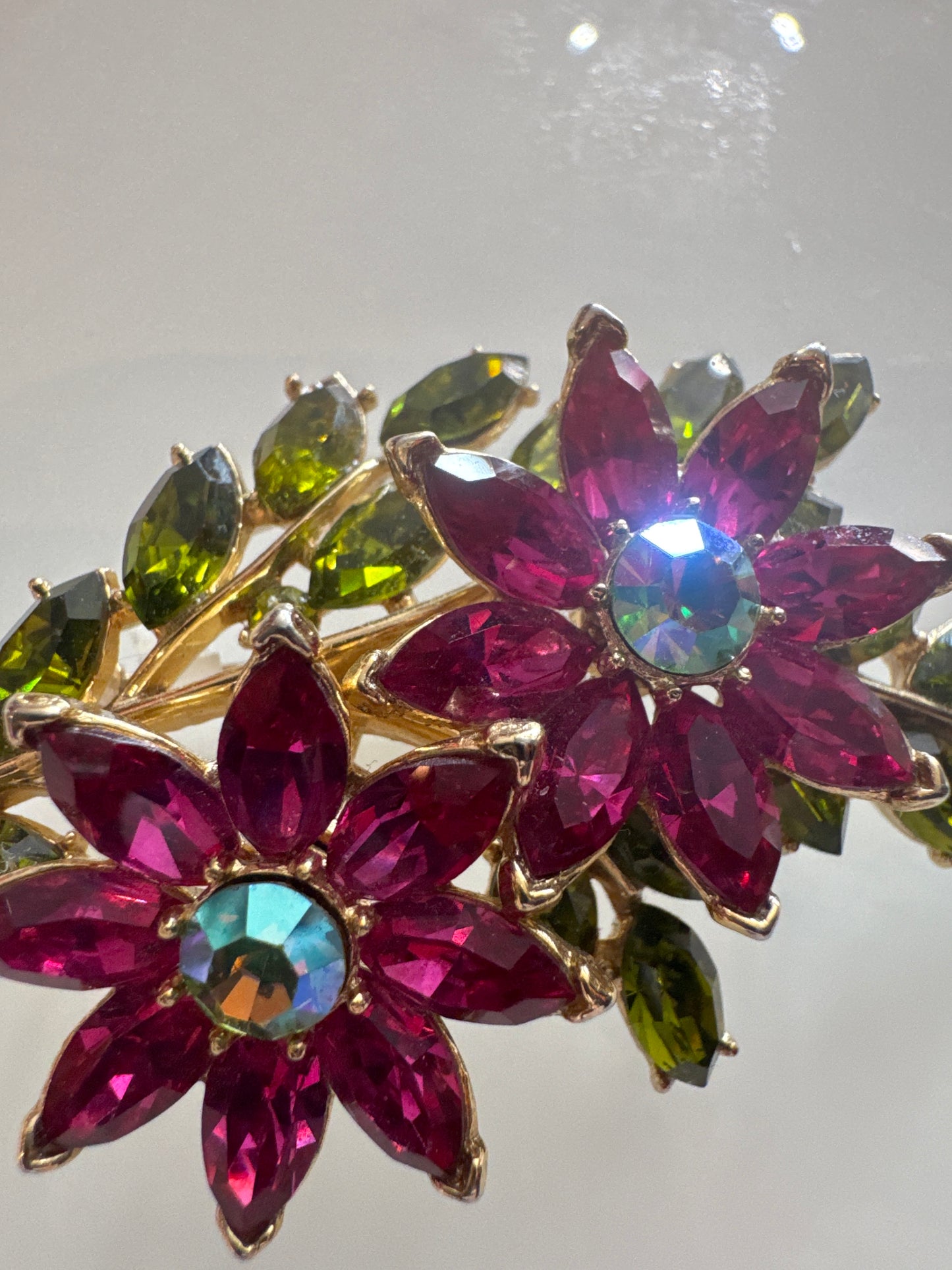 Rare Trifari, pink and green rhinestone flower brooch. A collectors piece.