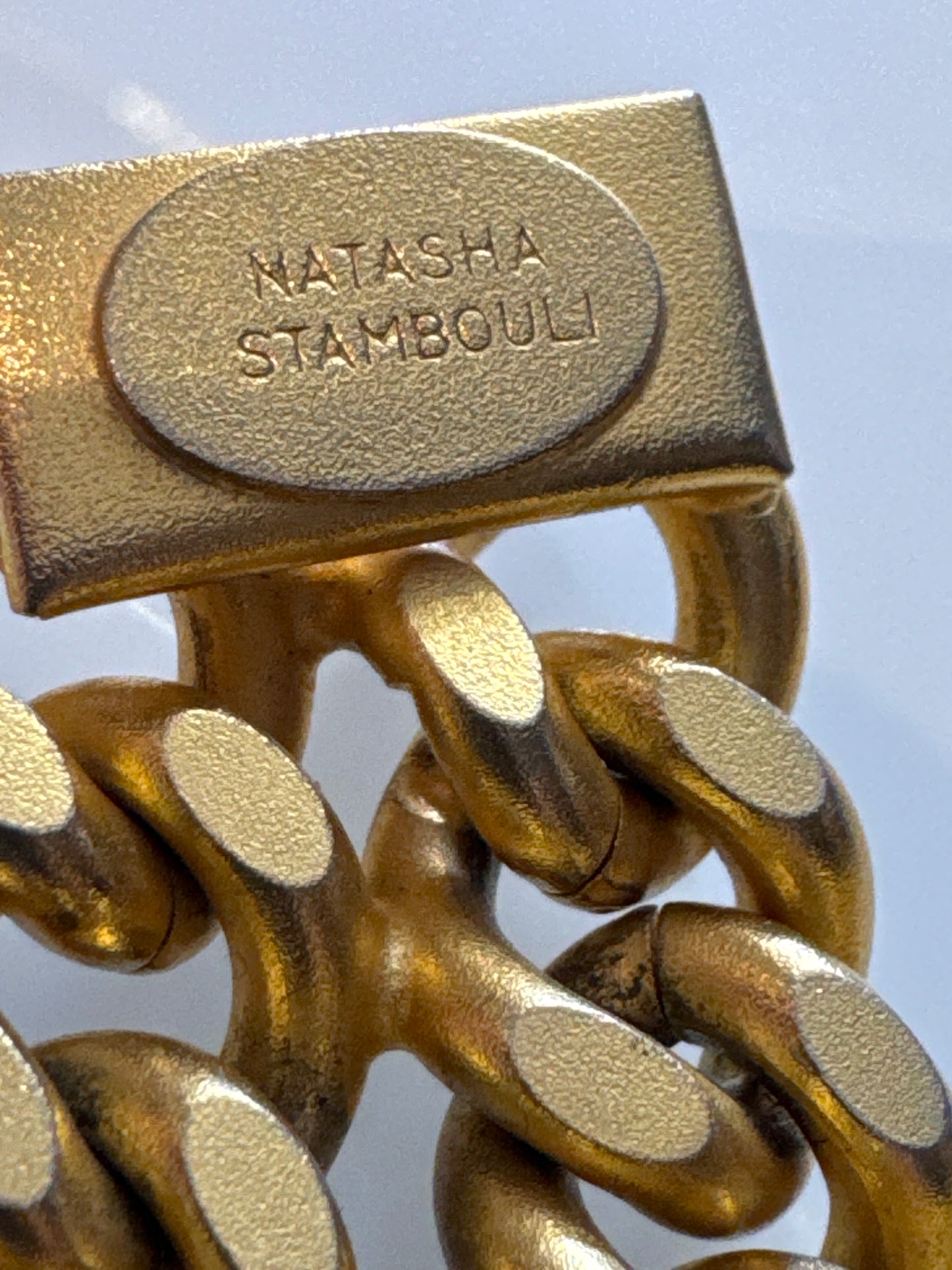 Beautiful 1980s heavy weight signed Natasha Stambuli gold tone matte link bracelet