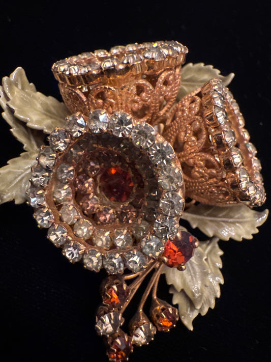 The MOST stunning brooch I have ever seen. Signed Vendome rhinestone and enamel with filagree backing.