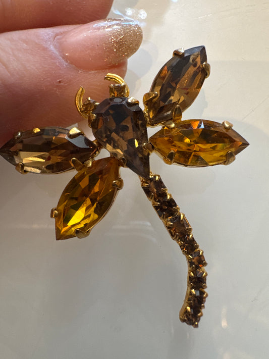 Vintage amber colored rhinestone firefly brooch