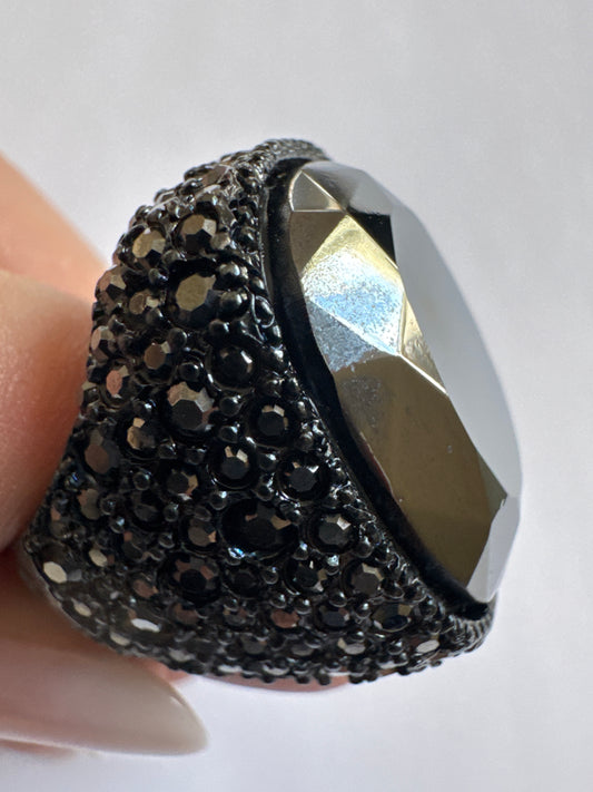 1990s signed Kenneth J Lane gun metal cocktail ring. Black on black with black rhinestones.