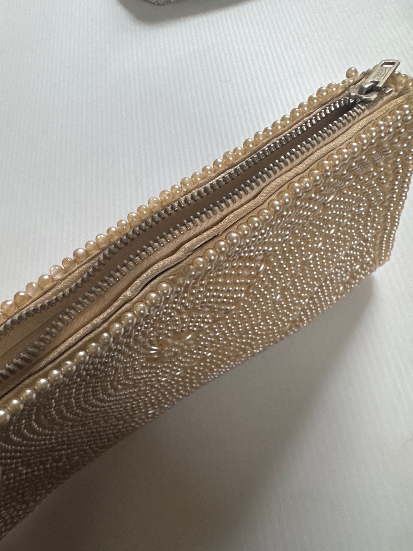 1940s stunning zip top ivory colored, pearl clutch bag