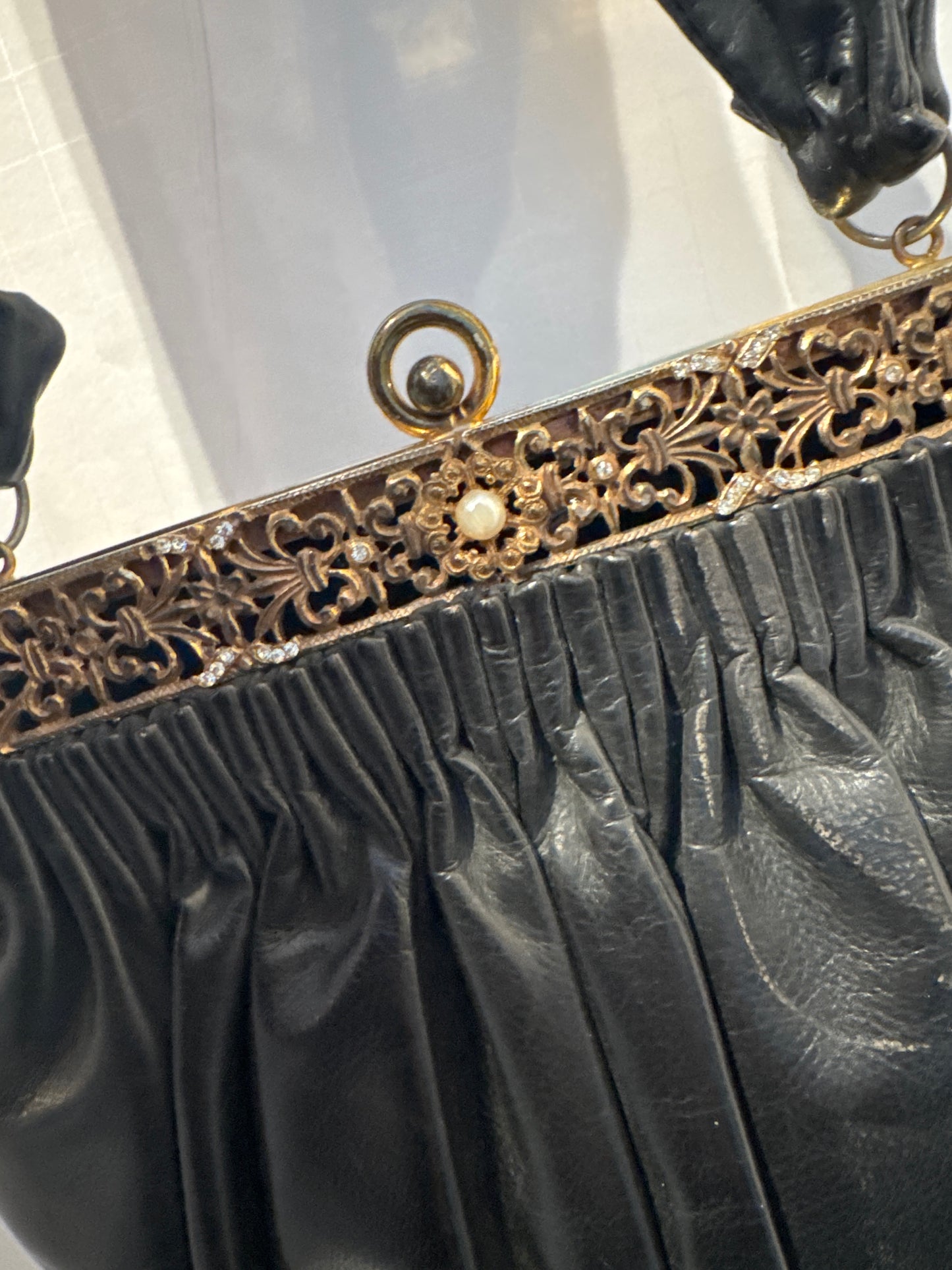 1940s unique leather handbag with decorative hardware