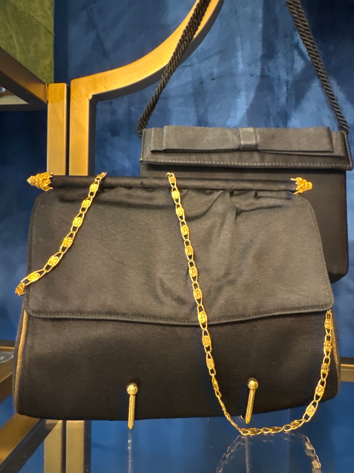 Stunning black satin 1950s Morris Moskowitz handbag with beautiful gold hardware and gold chain