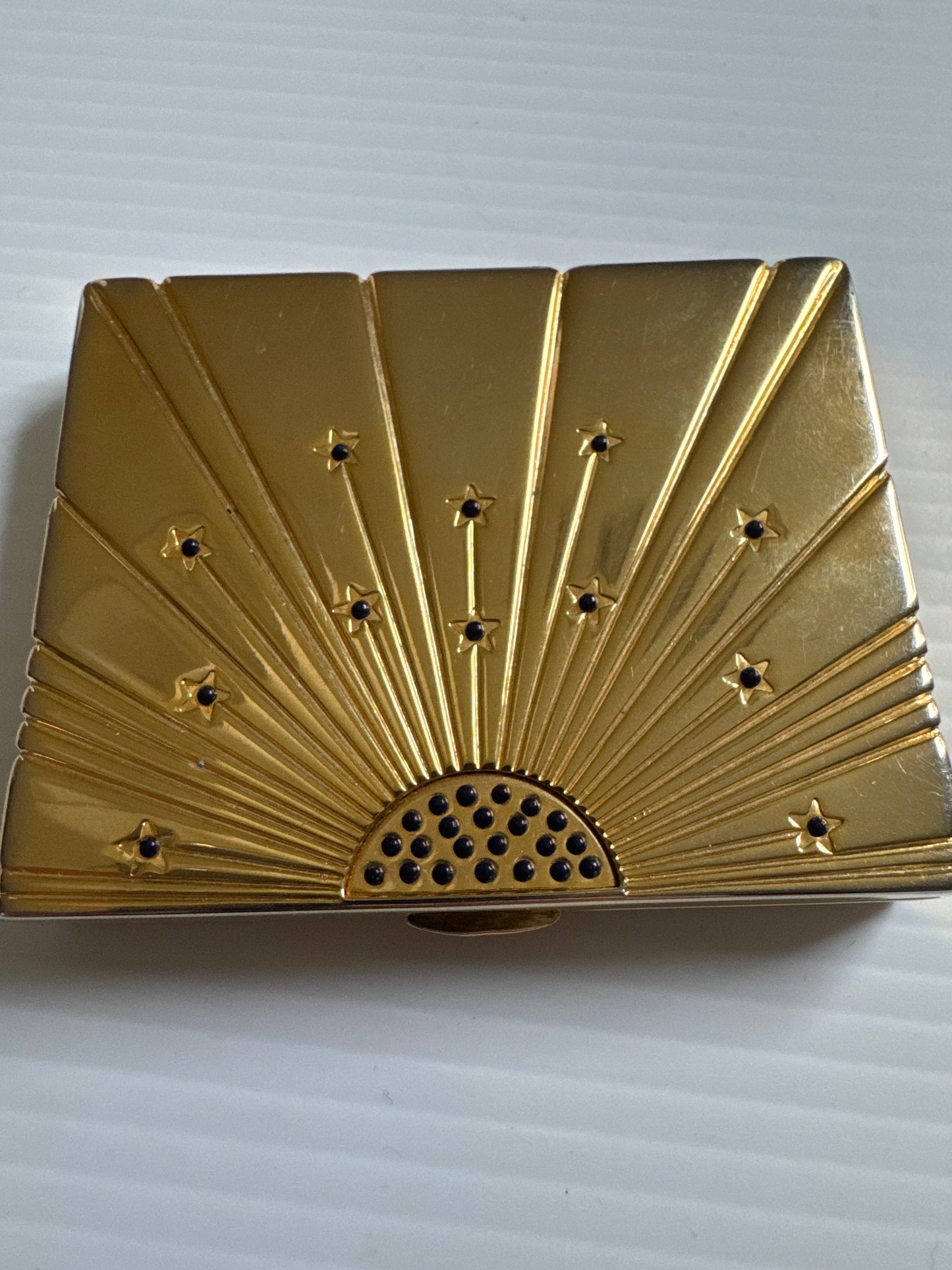 vintage, Estée Lauder, gold starburst, refillable makeup compact marked, made in Hong Kong