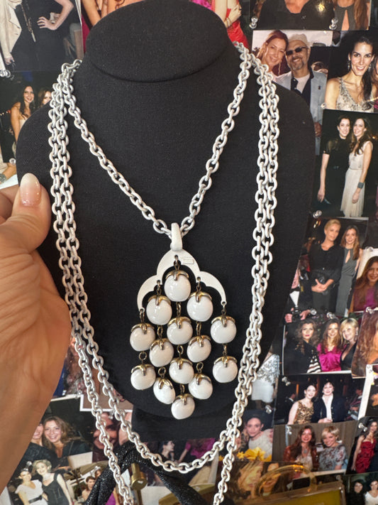 1960s signed Trifari white pendant necklace with triple strand chain