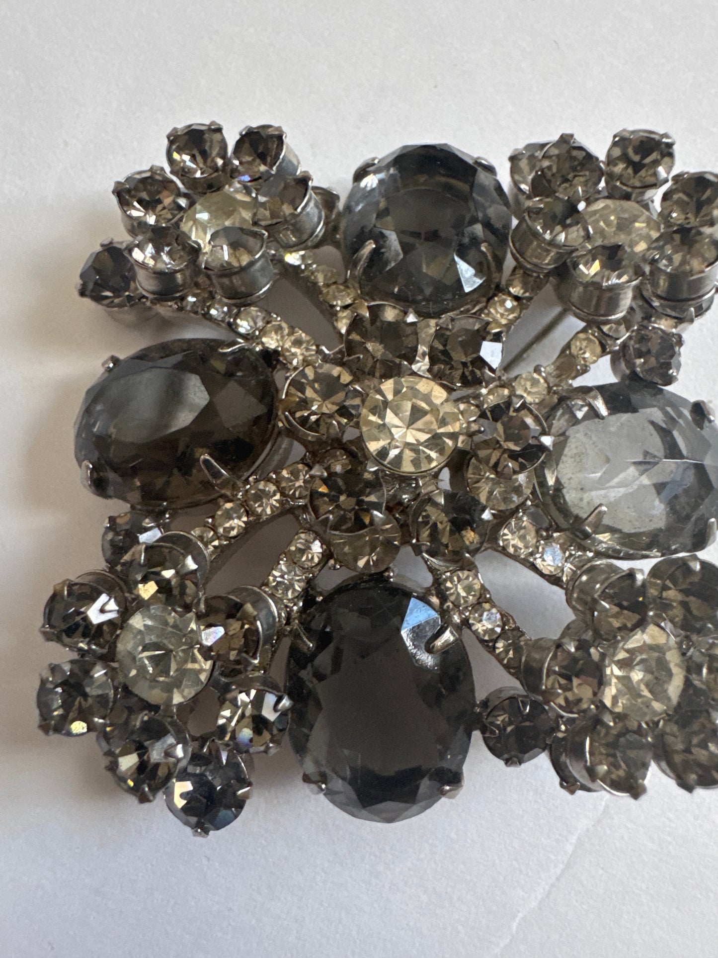 Beautiful 1950s smoky gray multi layered brooch by D & E