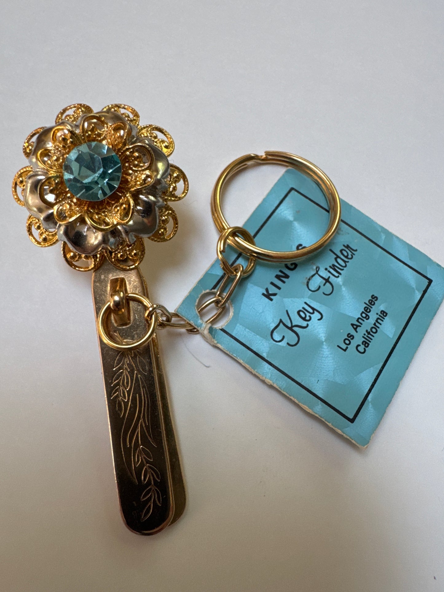 Fancy vintage purse key fob holder. Aquamarine and goldtone