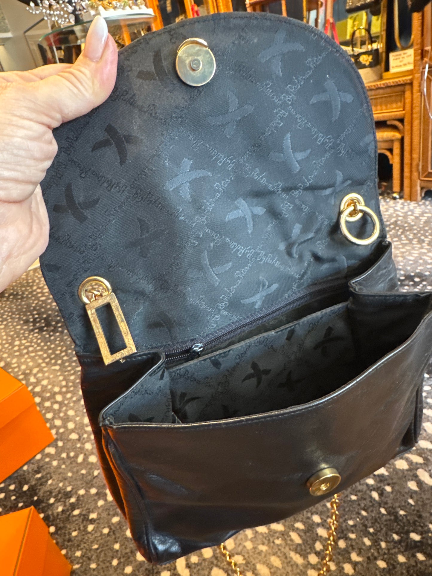 Black buttery, soft leather lamb Skin, Paloma Picasso shoulder bag with gold chain strap