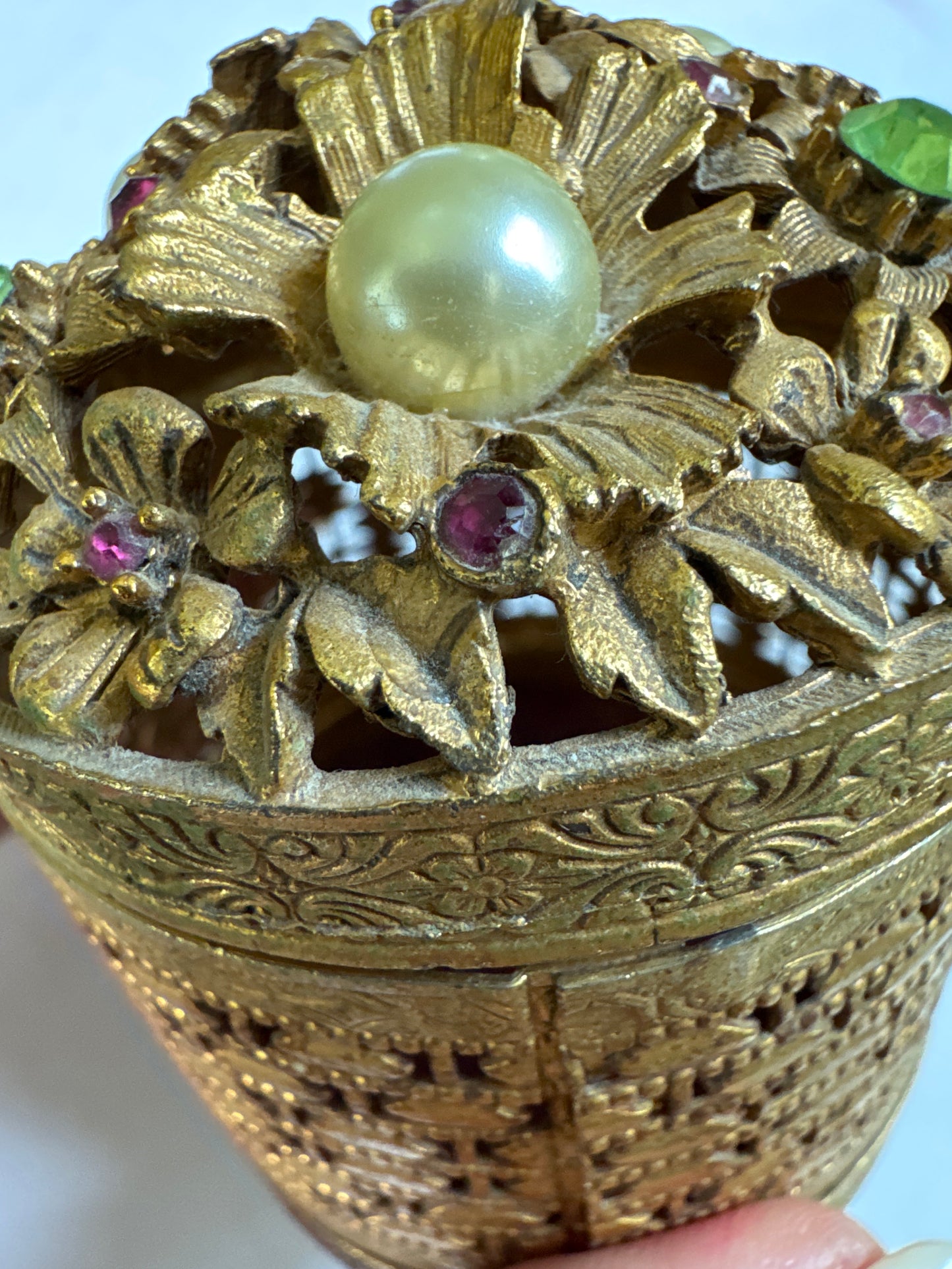 Vintage 1950s brass jeweled round trinket rhinestone vanity holder with faux pearl flowers