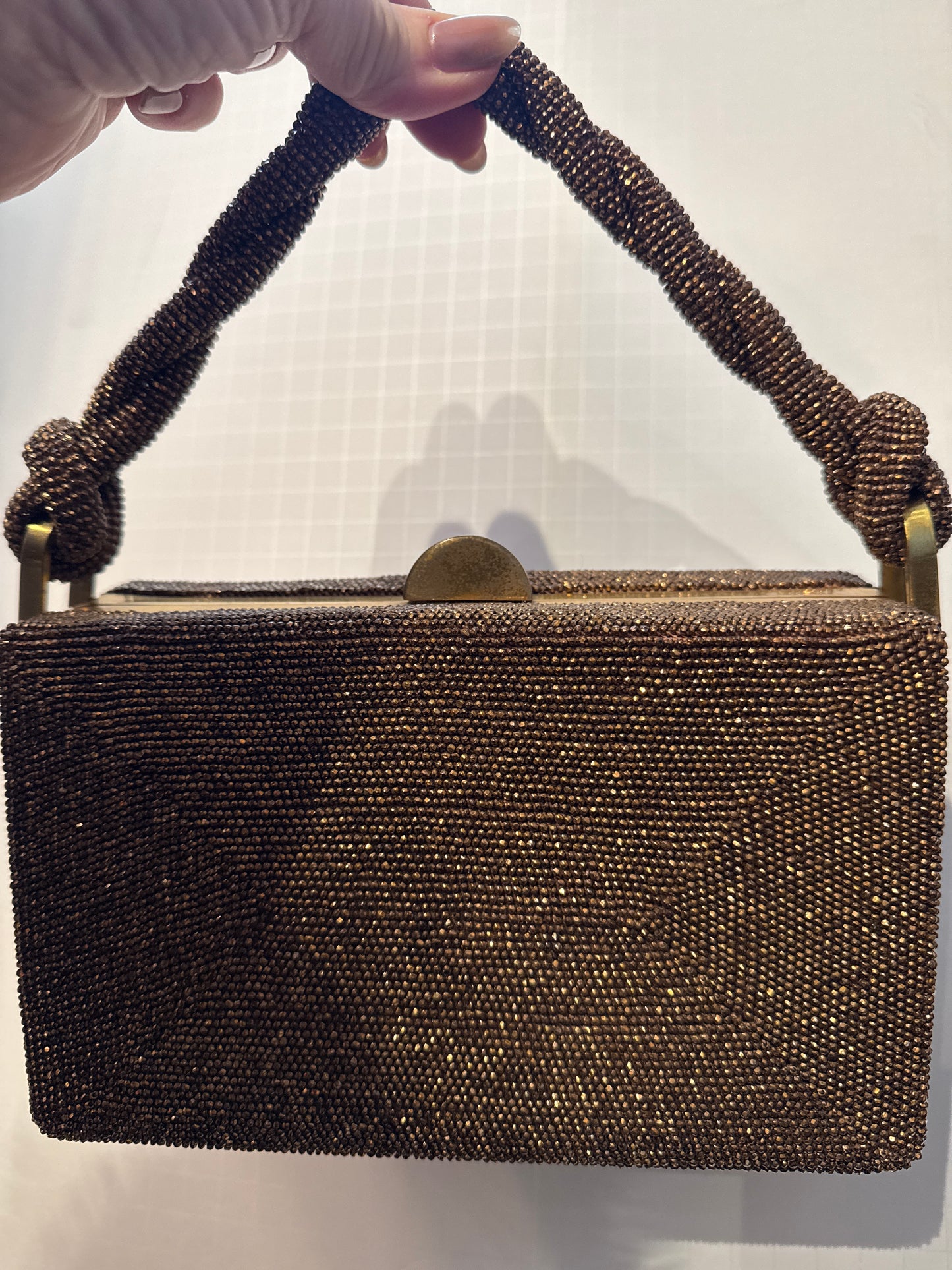 1940s bronze beaded top handle bag with braided handle