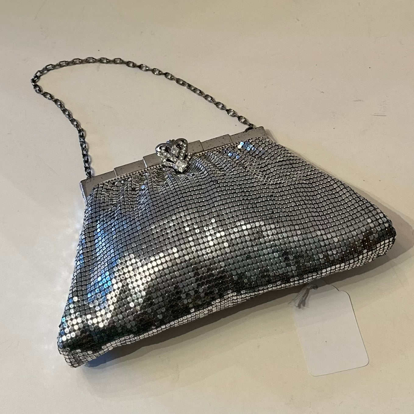 Vintage 1940s Whiting & Davis Silver Bag w/ Rhinestone Clasp