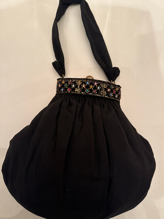1940s stunning vintage black fabric bag with rhinestone clasp