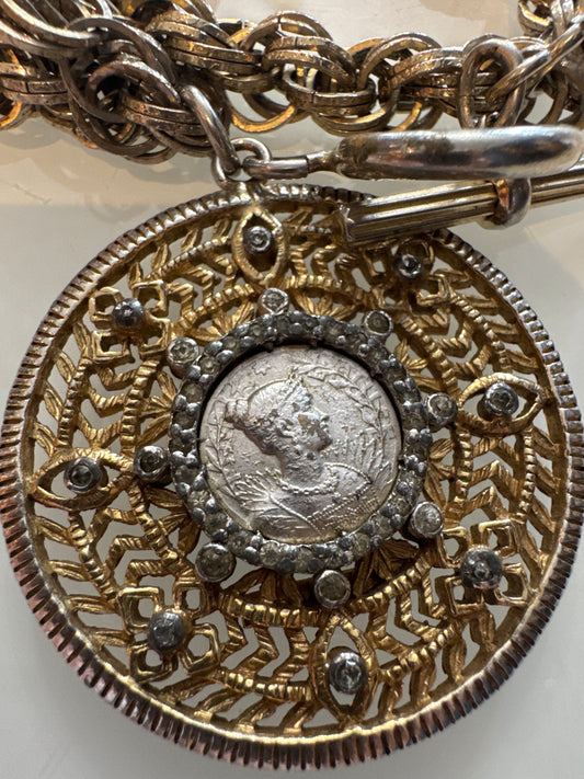 1960s jumbo medallion charm bracelet with double chain signed Nettie Rosenstein (1980s clasp)