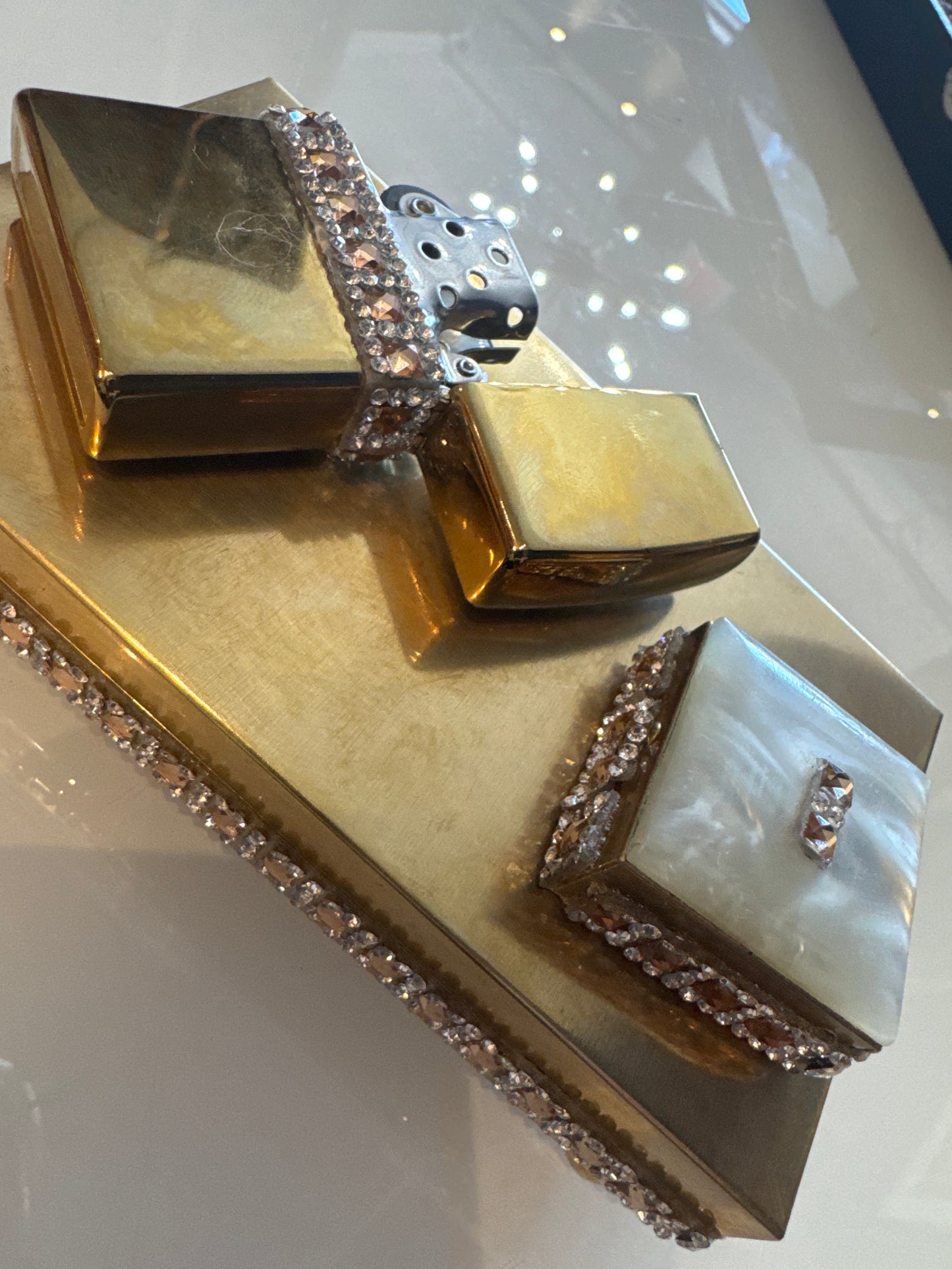 3-piece 1940s rhinestone vanity cigarette case, trinket box and lighter