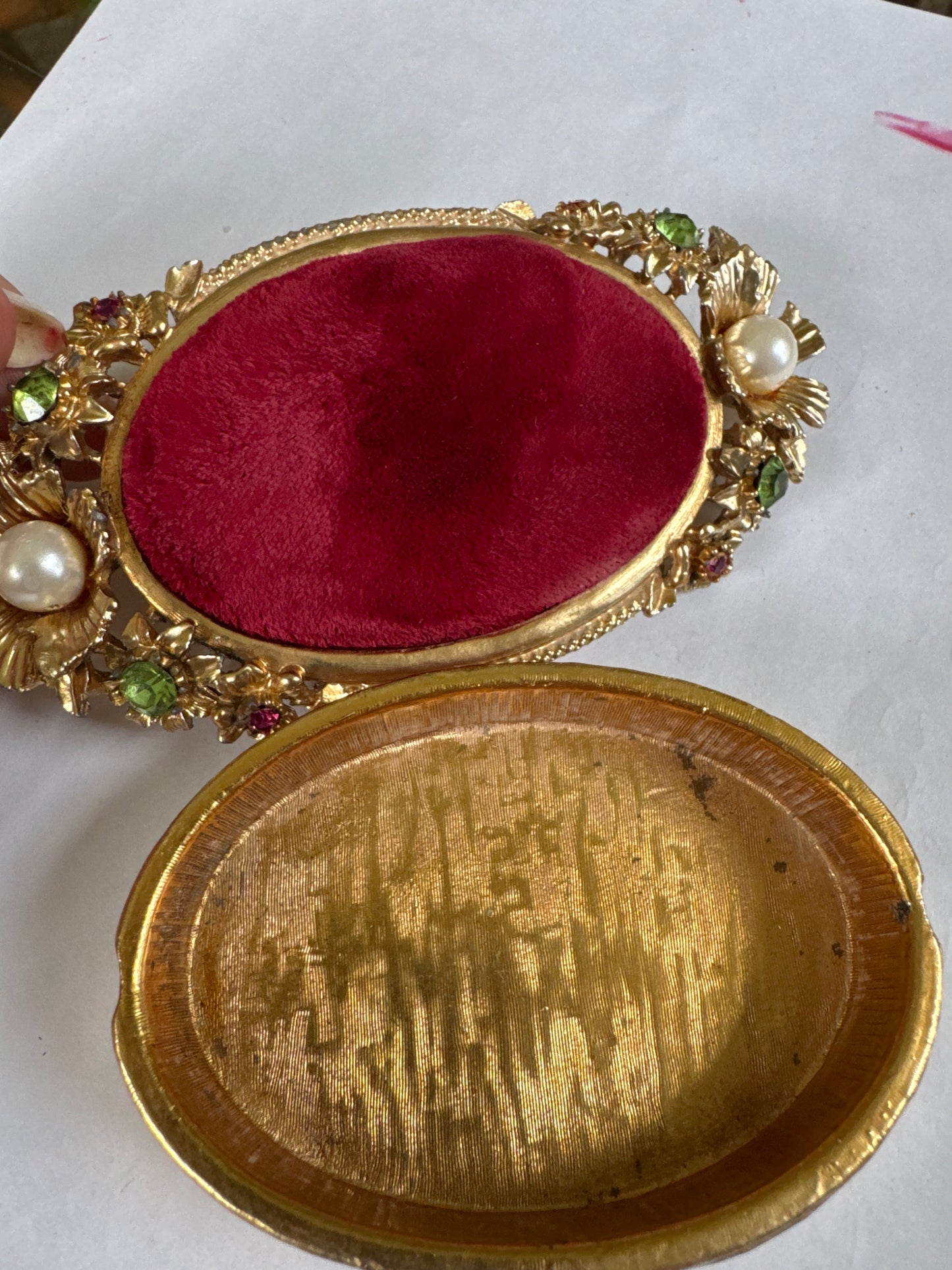 Vintage Florenza Red Velvet pin cushion Trinket Box with Gold rhinestone base