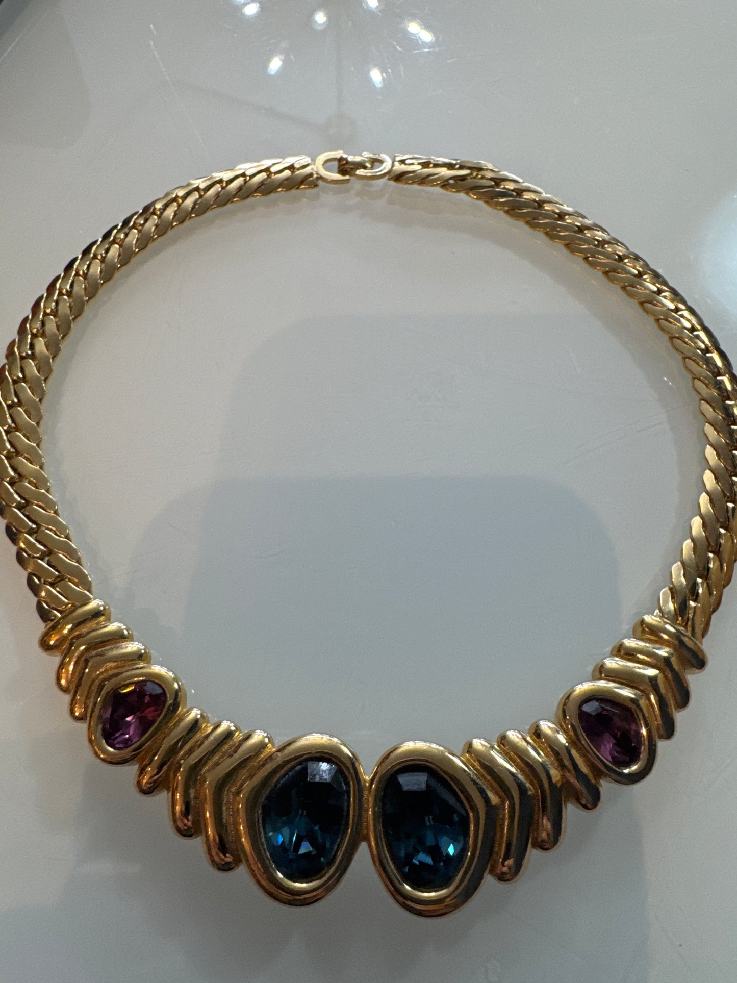 Beautiful 1980s signed Christian Dior, blue and purple rhinestone necklace