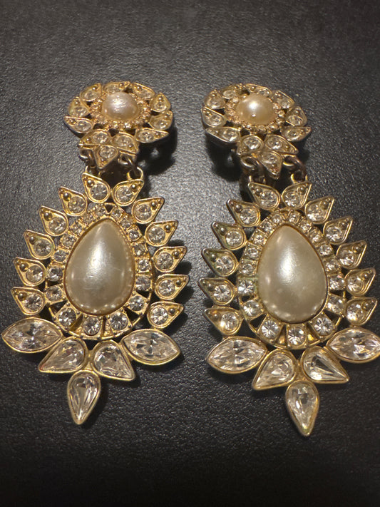 1970s signed SCAASI chandelier earrings in gold tone with rhinestones and faux pearls