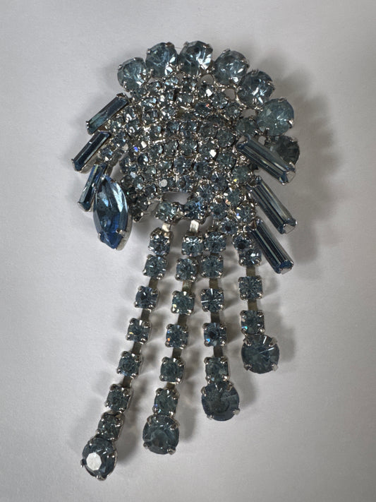 1940s vintage blue rhinestone waterfall fringe, baguette spray brooch