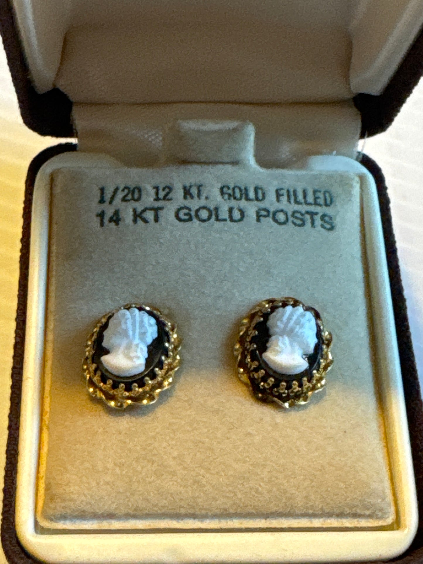 Vintage pierced cameo earrings in original box