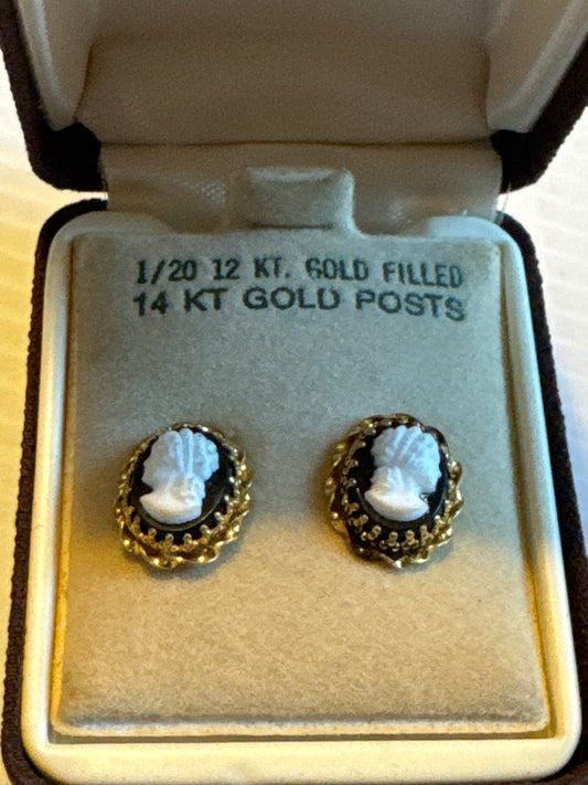 Vintage pierced cameo earrings in original box