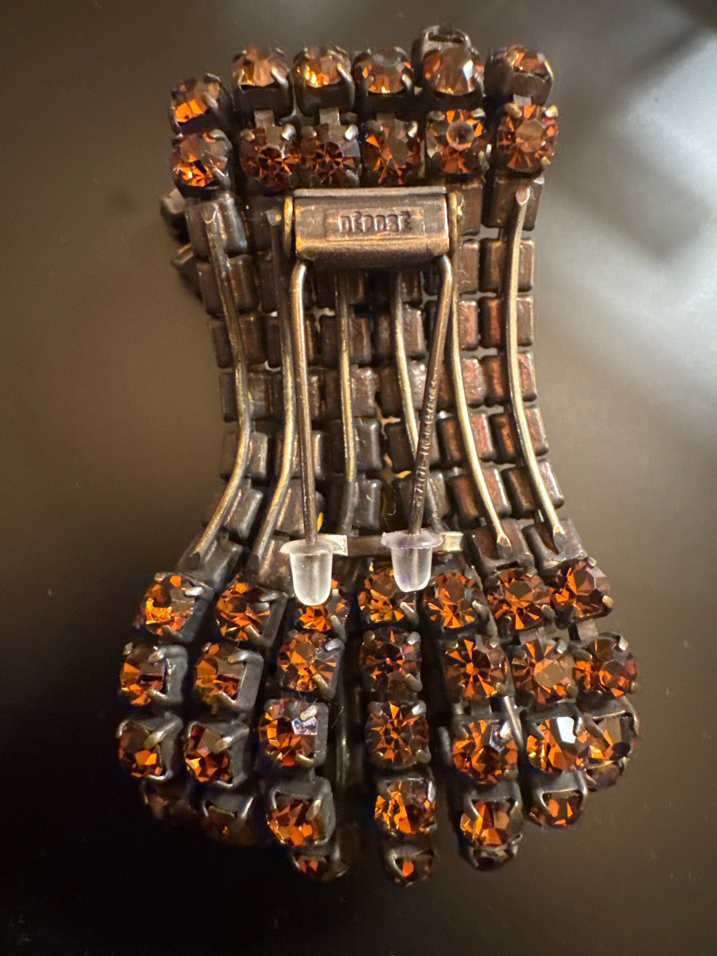 Stunning 1930s Amber colored fringe rhinestone fur clip signed Depose