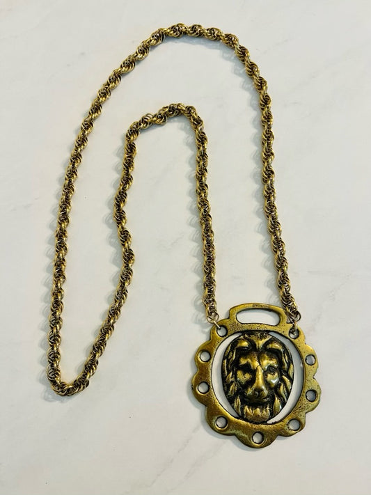 Vintage gold tone chain with brass Lion pendant from England