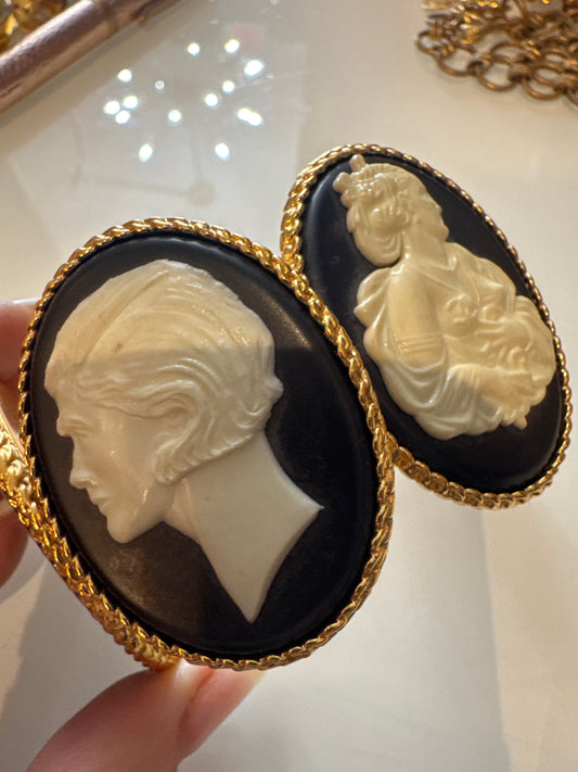 CHANEL 1990s carved cameo motif large cuff bracelet with 4-cameo 2" cameo plates featuring a horse, 2 Coco portraits and a renaissance girl.