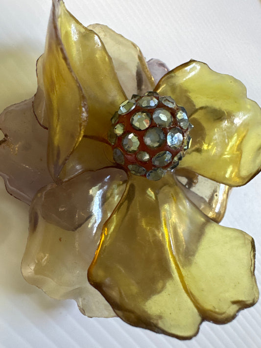 Beautiful jumbo lucite 3D flower brooch in lightly colored green and purple with aquamarine color colored center rhinestones