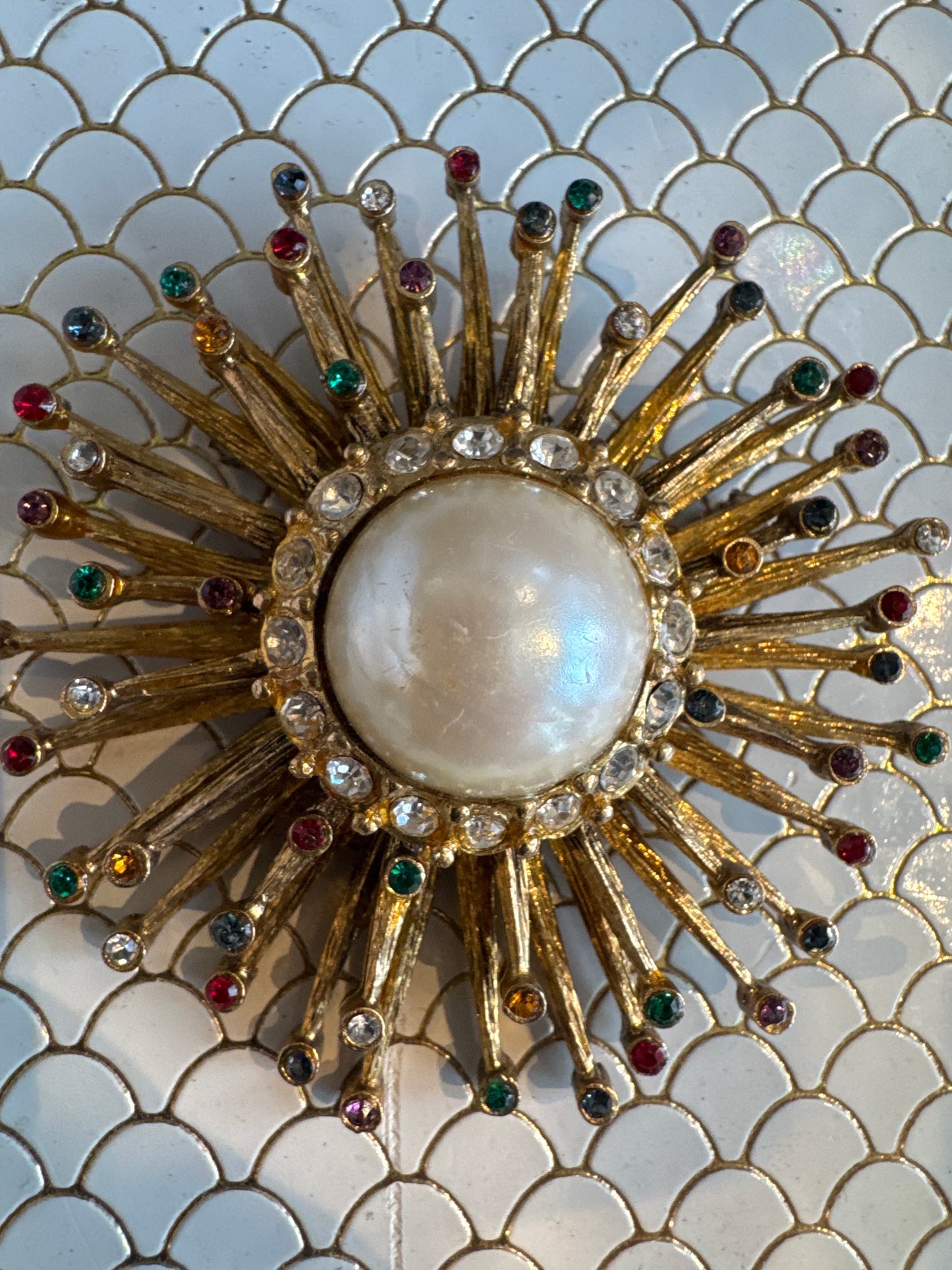 Beautiful 1960s Sputnick brooch with pearls and rhinestones. Marked made in USA.
