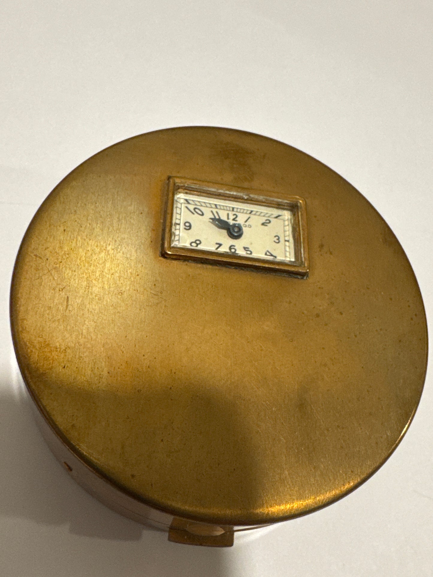 RARE 1940s built in Swiss made watch (watch does not work )powder makeup compact. Monogrammed with the name Mary on the back. Road