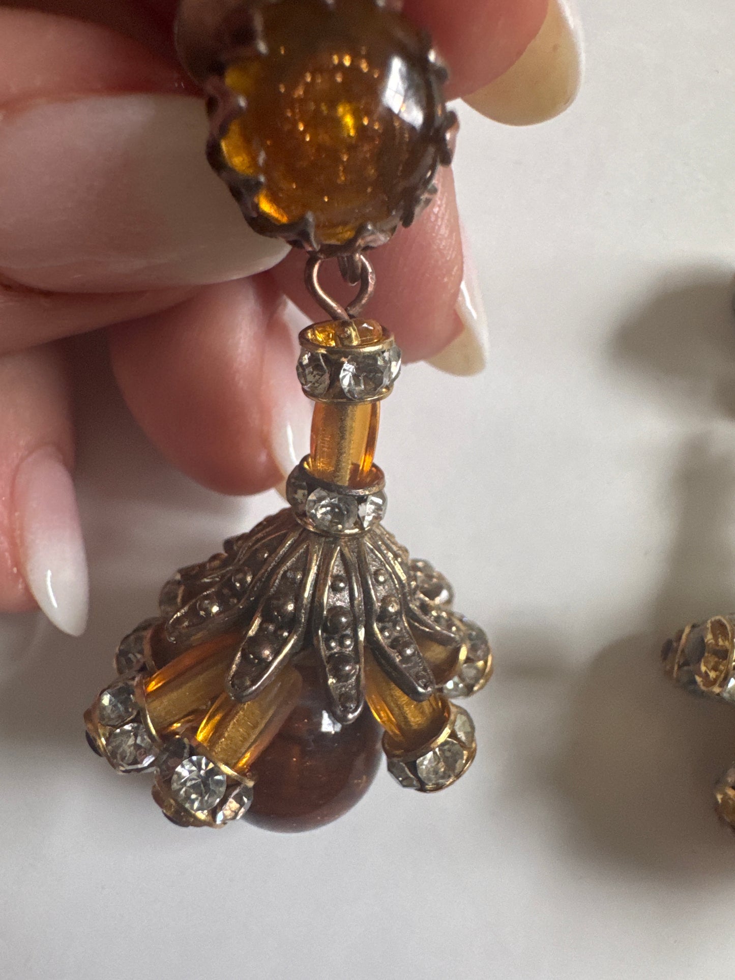 1930's absolutely beautiful sign SCHIAPARELLI Amber colored glass earrings with rhinestones and dangles