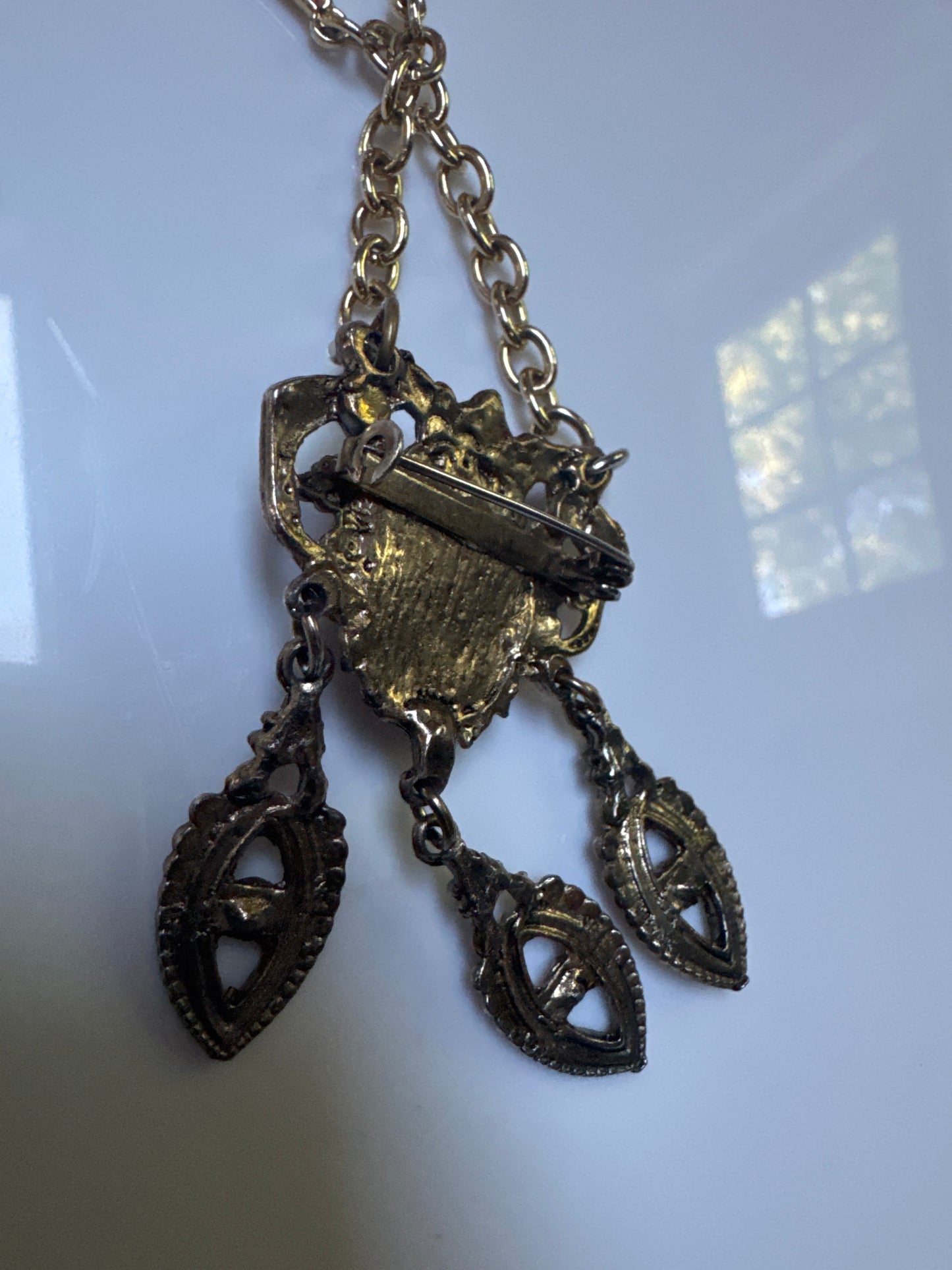 fun 1960s pendant necklace can also be worn as a brooch, gold tone with colorful cabochon stones