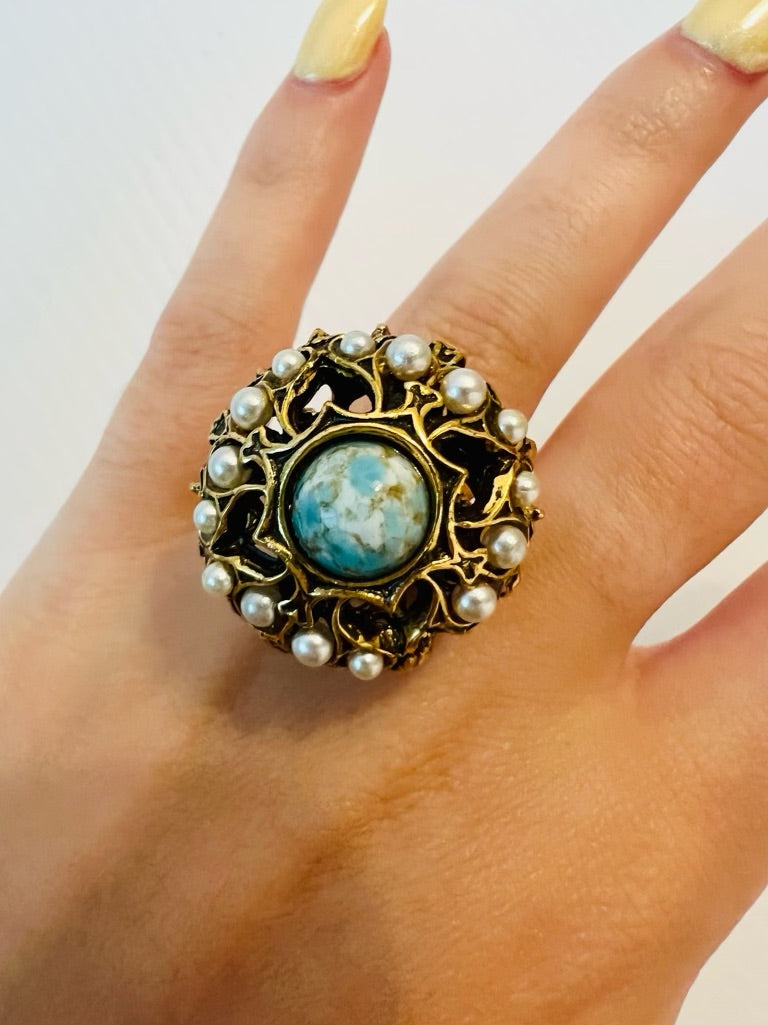 Vintage gold toned Filigree with pearls, hearts and turquoise center stone