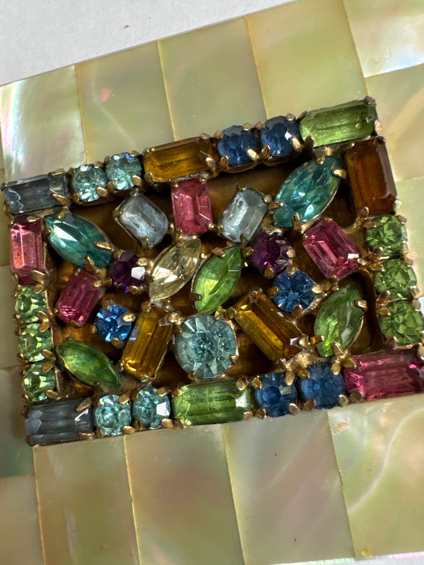 1930s mother-of-pearl and colored rhinestone powder, Makeup compact by SCHILDKRUAT