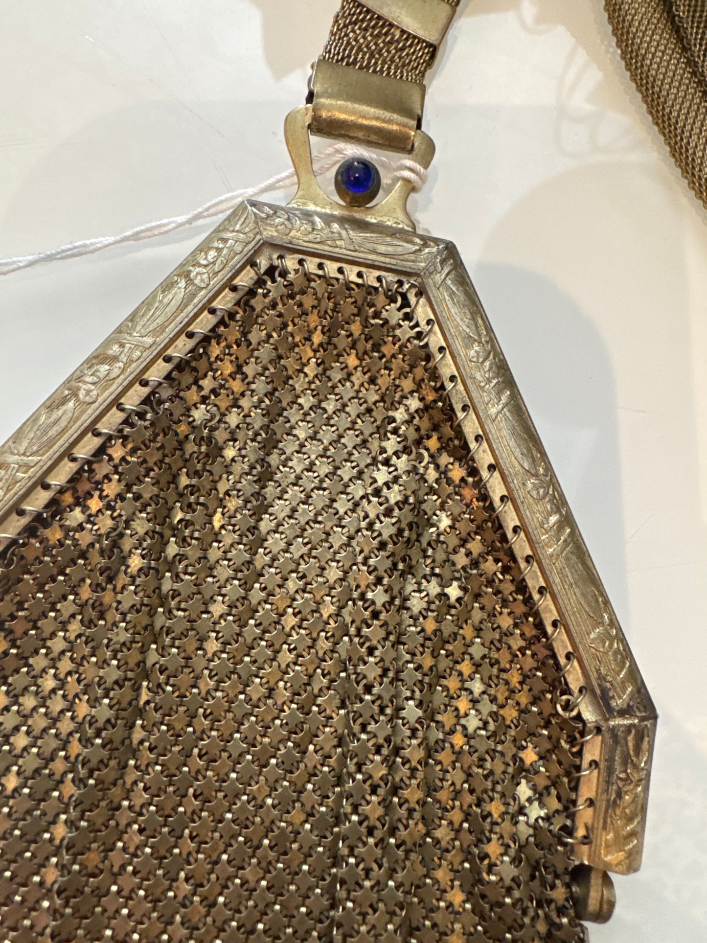 1920s gold mesh flapper bracelet dance bag with blue cabochon