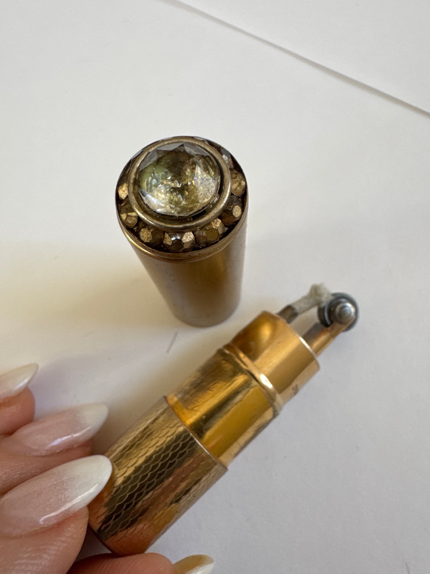 1950s gorgeous personal ashtray with rhinestones. Comes with rhinestone lighter by Weston.