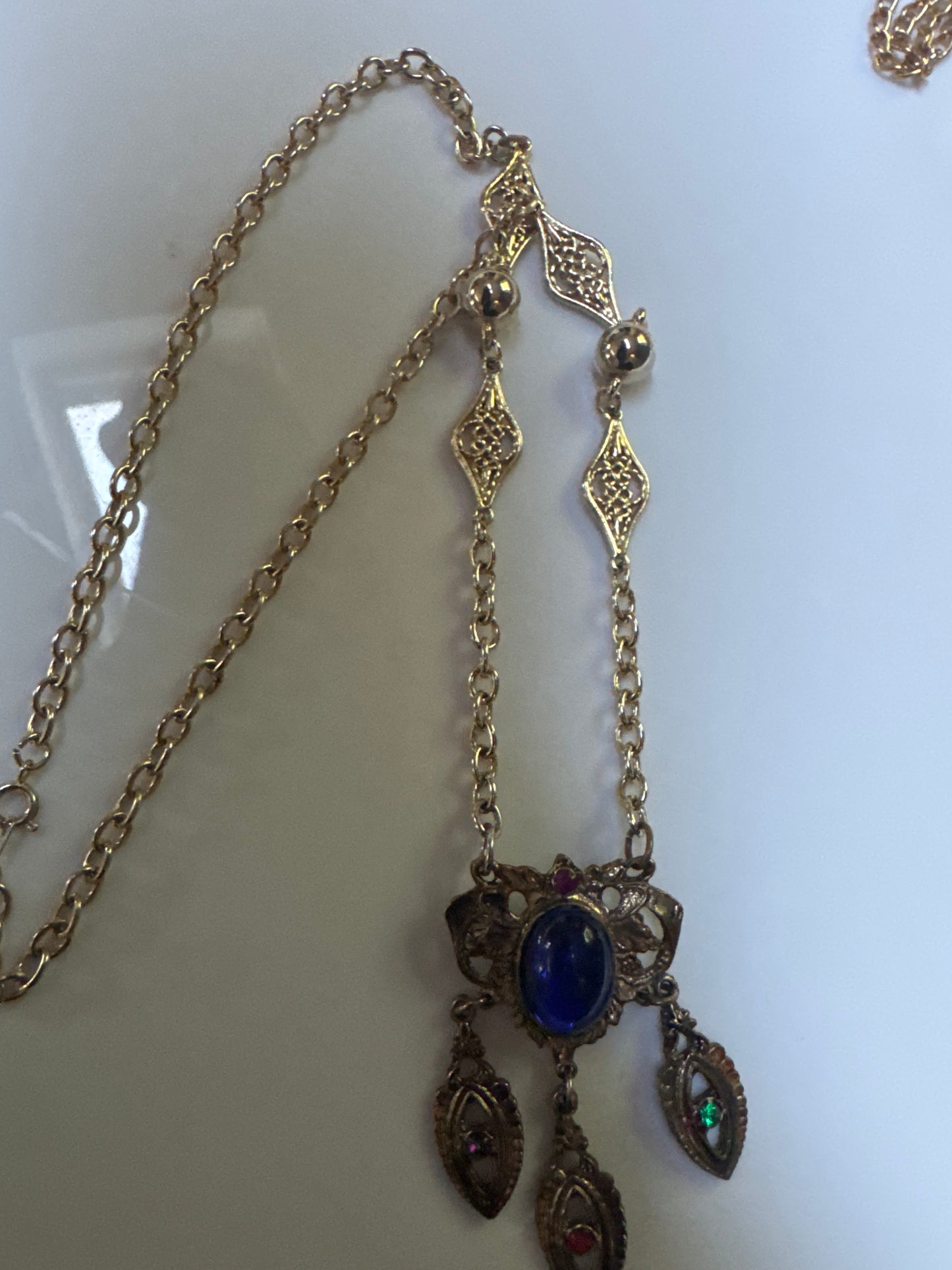 fun 1960s pendant necklace can also be worn as a brooch, gold tone with colorful cabochon stones
