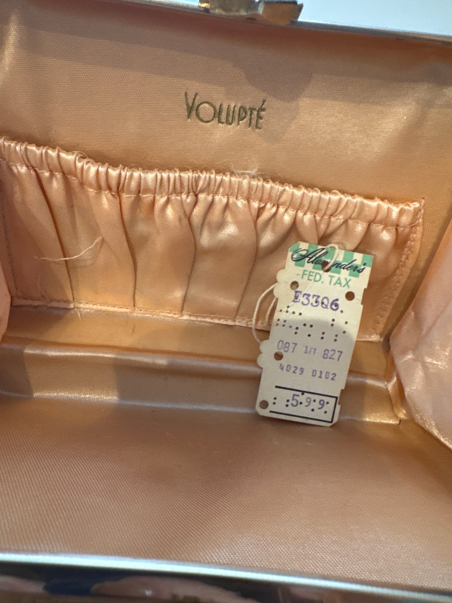 1970s lightweight hardtop gold VOLUPE box bag with gold snake chain handle. has original Alexander's price tag.