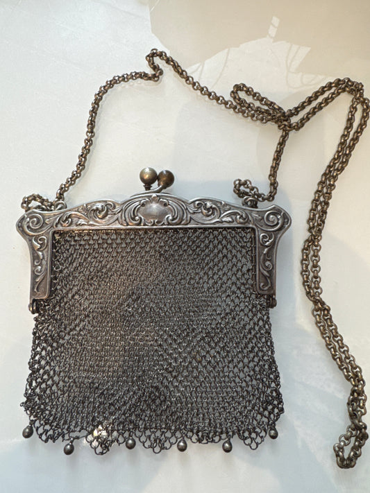 1920s pewter metal bag with long chain that can be used as a Crossbody strap or long necklace