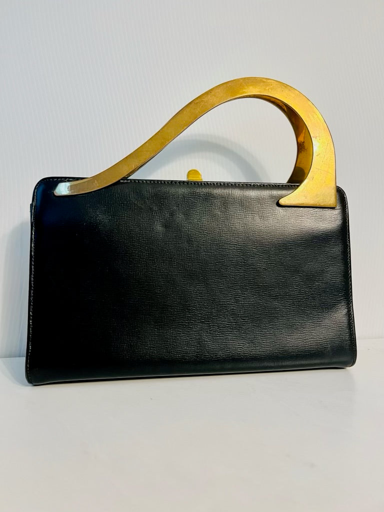 Vintage 1940s black leather Block bag with gold tone handle hardware