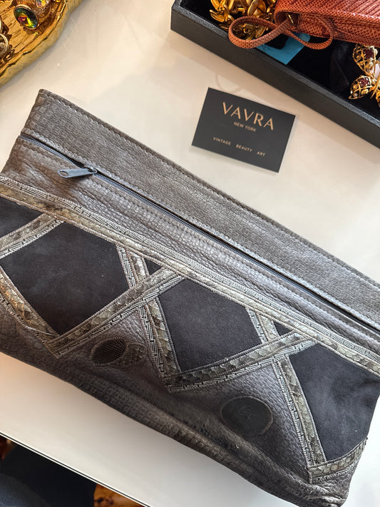 Vintage grey tone, Carlos  Falchi, suede and leather bag with interior zipper and two outside zippers