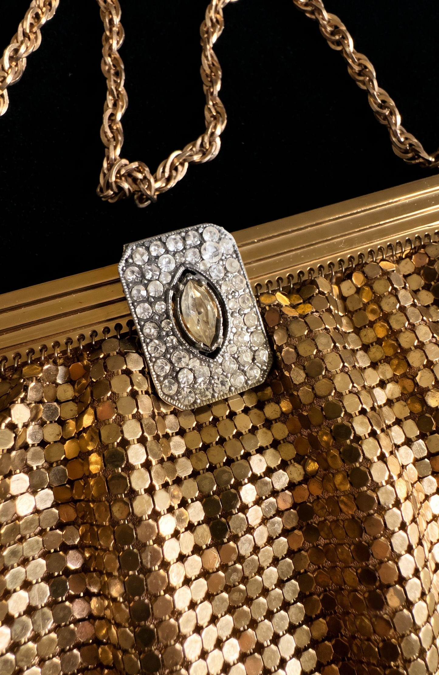1930s Whiting in Davis gold mesh evening bag. ￼ made around the same time as Schiaparelli's Collab with the brand. Could it be?