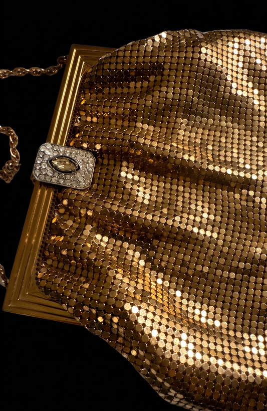1930s Whiting in Davis gold mesh evening bag. ￼ made around the same time as Schiaparelli's Collab with the brand. Could it be?