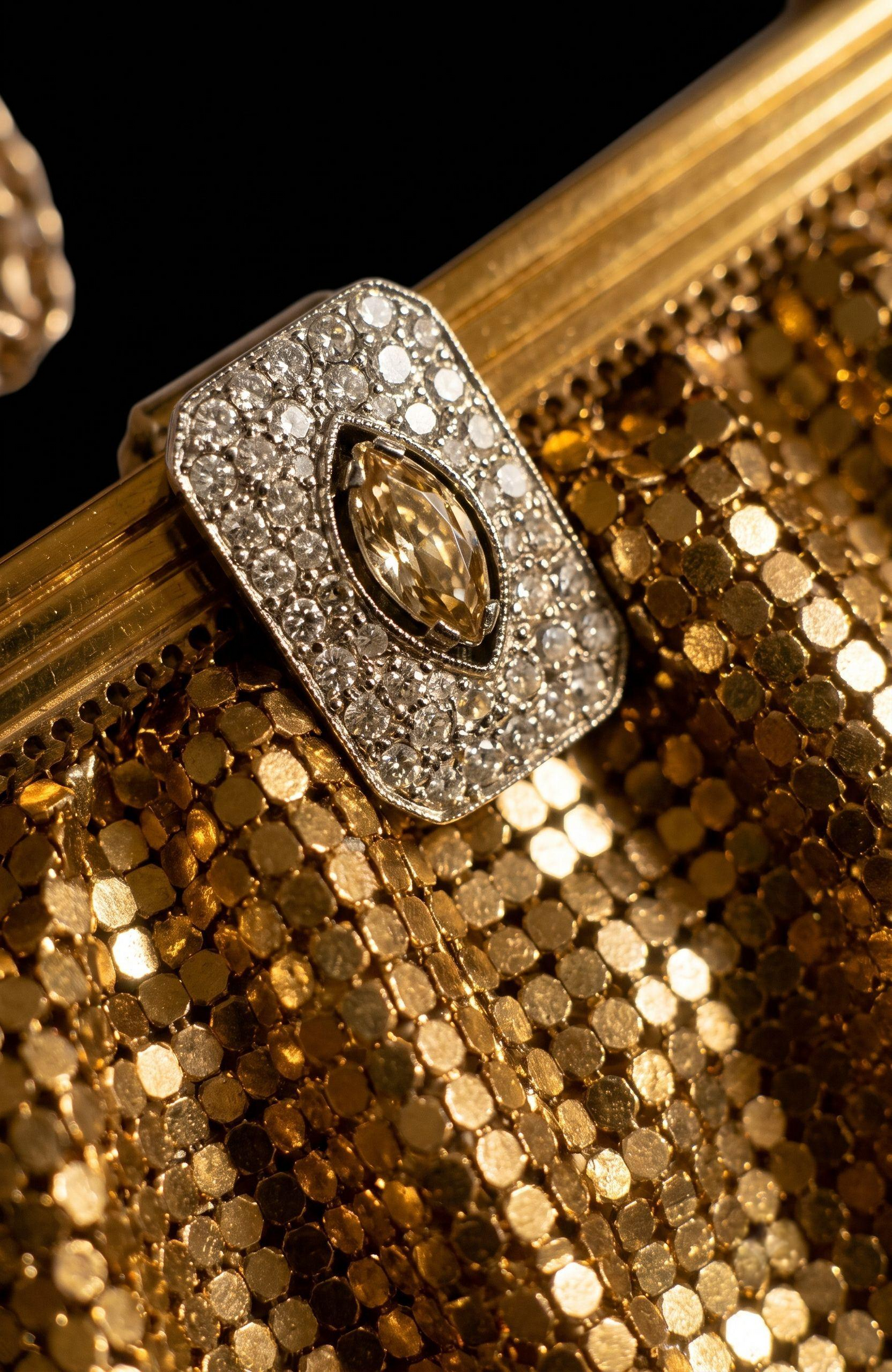 1930s Whiting in Davis gold mesh evening bag. ￼ made around the same time as Schiaparelli's Collab with the brand. Could it be?