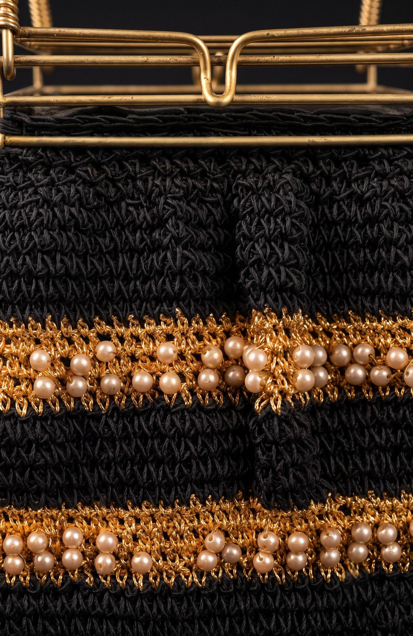 1940s crochet box bag in black with gold threading and pearls and a cage-like  top