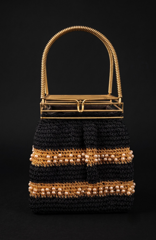 1940s crochet box bag in black with gold threading and pearls and a cage-like  top